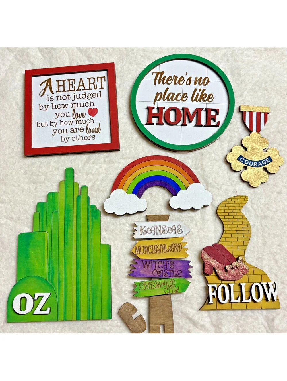 lot of 7 Pcs Wizard of Oz Tiered Tray Decor Set Wooden Signs - hand painted OOAK